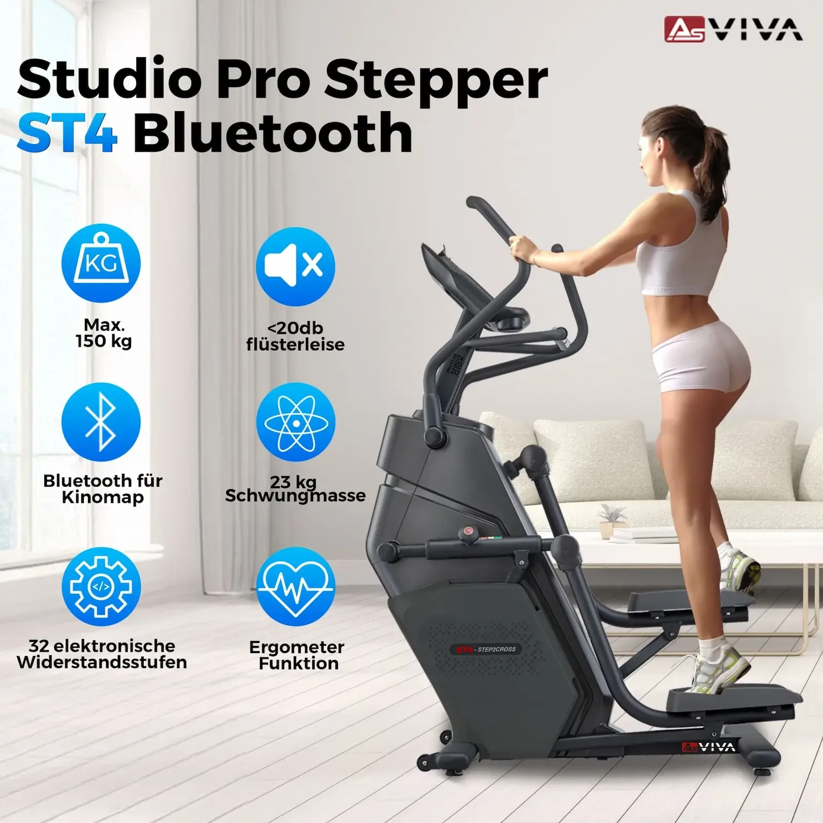 AsVIVA Studio Pro Stepper ST4 – dotazione in sintesi: portata max. 150 kg, silenzioso, Bluetooth per Kinomap, volano da 23 kg, 32 livelli di resistenza, funzione ergometro