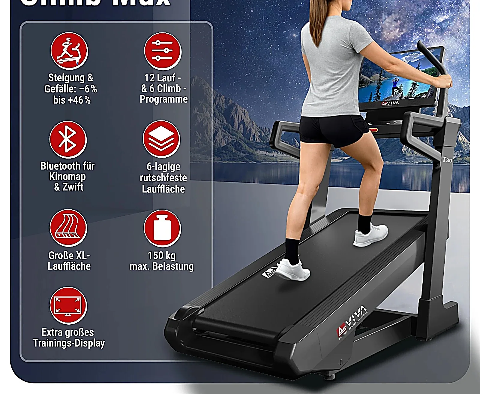 AsVIVA T30 tapis roulant con touchdisplay e pendenza – caratteristiche in sintesi