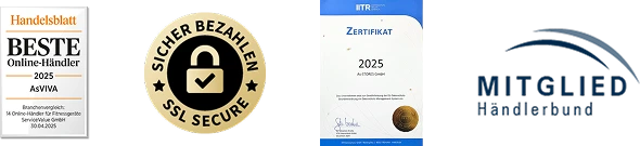Riconoscimenti: Handelsblatt Beste Online-Händler 2025, pagamento protetto SSL, certificato ETR 2025, membro di Händlerbund