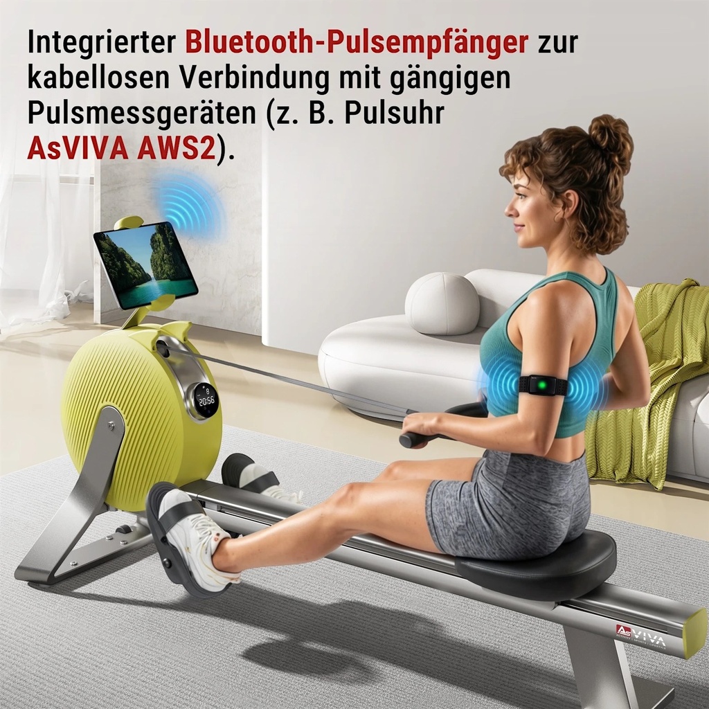 Vogatore AsVIVA RA20 con ricevitore di frequenza cardiaca Bluetooth integrato per il monitoraggio della frequenza cardiaca durante l'allenamento