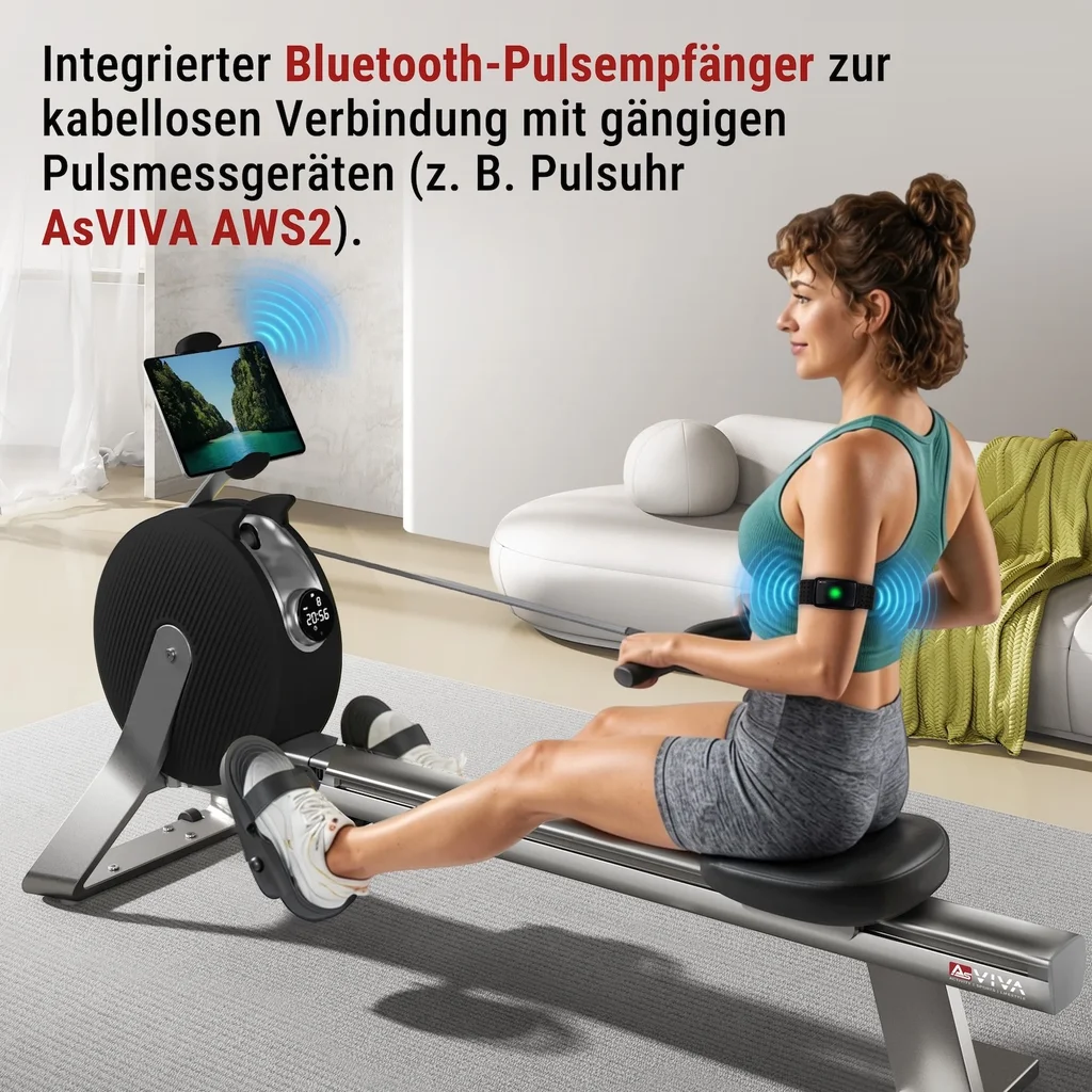 Vogatore AsVIVA RA20 in nero con ricevitore di pulsazioni Bluetooth integrato