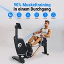 Allenamento muscolare per tutto il corpo sul vogatore AsVIVA RA12 con sollecitazione di schiena, braccia e gambe