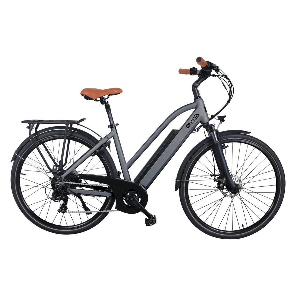 City E-Bike B15 (Grau, brauner Sattel, breites Display) – Seitenansicht links