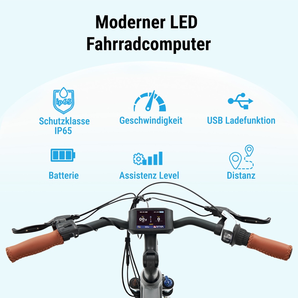 City E-Bike B15 (Grau, brauner Sattel, breites Display) – Farbdisplay mittig am Lenker