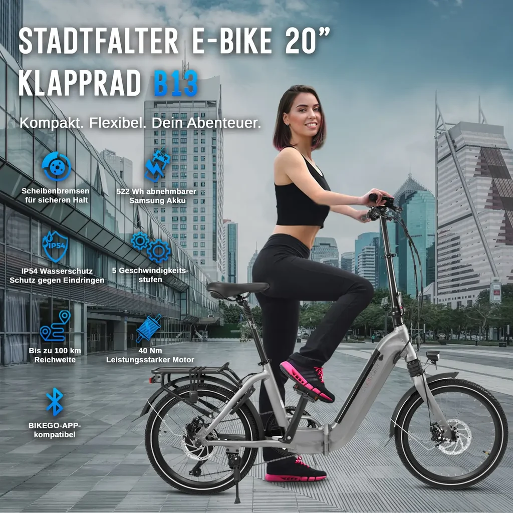Panoramica dei vantaggi e delle caratteristiche della bici elettrica pieghevole AsVIVA Stadtfalter B13 in grigio