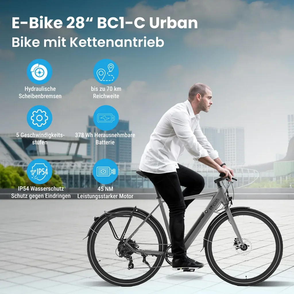 AsVIVA BC1C – E-Bike Urban da 28 pollici con trasmissione a catena, 70 km di autonomia e motore da 250 W